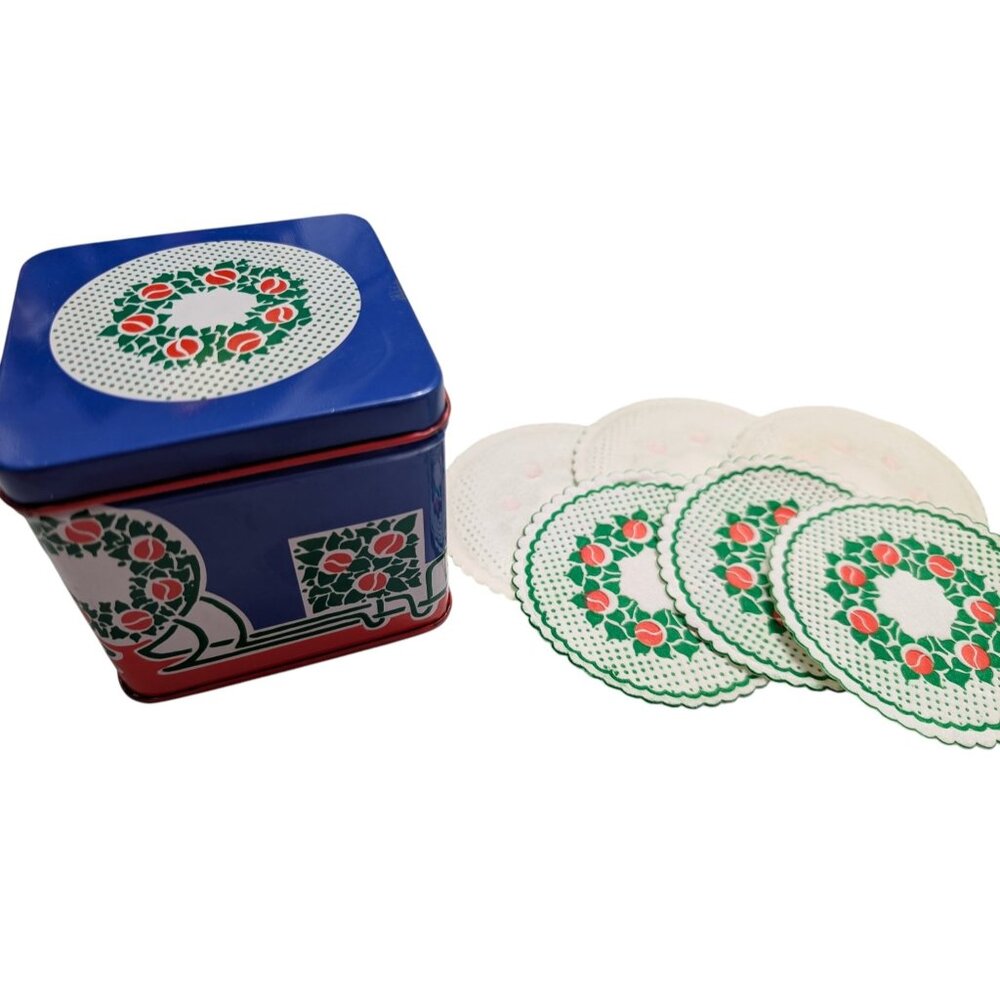 1985 Interpur Christmas Paper Wax Coasters wreath pattern 41 w/ box vtg